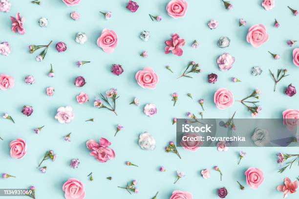 Flowers Composition Pattern Made Of Pink Flowers On Pastel Blue Background Flat Lay Top View Stock Photo - Download Image Now