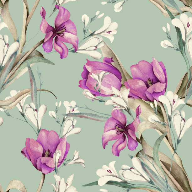 Spring Flowers Seamless Pattern. Watercolor Illustration. crocosmia stock illustrations