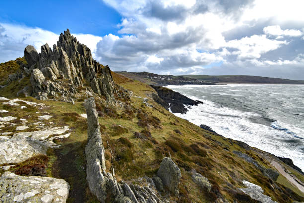 Morte Point dramatic headland from the coast path stock photo