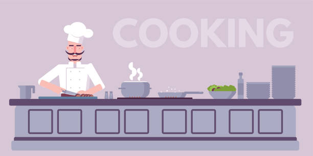 Culinary workshop flat vector color illustration Culinary workshop flat vector illustration. Chef cooking delicious food cartoon character. Professional restaurant kitchen interior. Meal preparation process. Cafe, catering service banner idea chef backgrounds stock illustrations