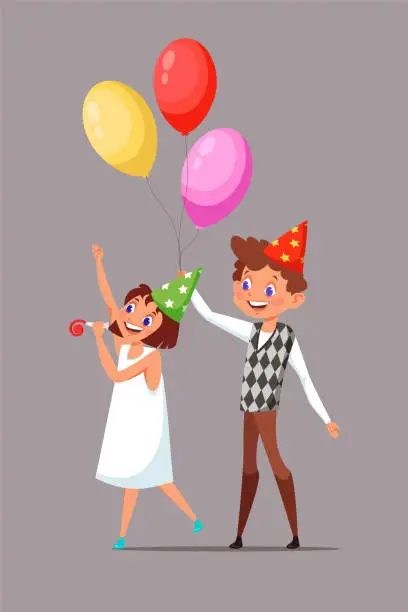 Vector illustration of Children in birthday hats vector illustration