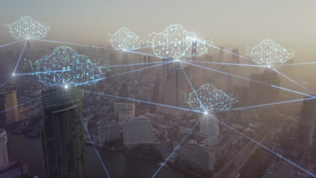 4k resolution clouds commuting technology network connection concept on aerial view city