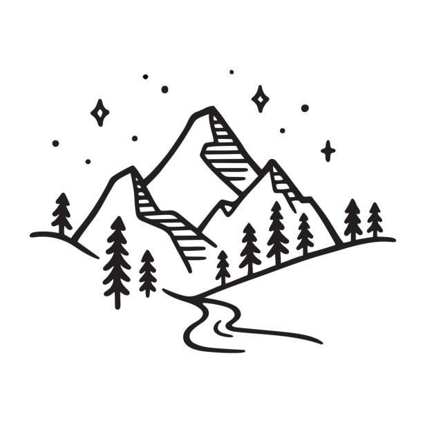 Mountain landscape drawing Mountain landscape with river at night. Black and white ink drawing, stylized hand drawn sketch. Vector illustration. mountain peak illustrations stock illustrations