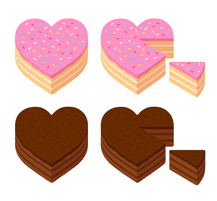 Heart shaped isometric birthday cake and chocolate cake, whole and cut slice. Isolated illustration set.