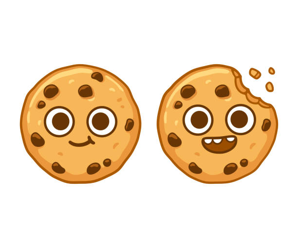 Chocolate chip cookie character Cute cartoon chocolate chip cookie character with funny face. Cookie mascot vector illustration. chocolate clipart stock illustrations
