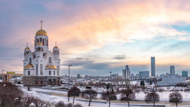 Temple in winter in beautiful pink sunset light. Temple on Blood, Yekaterinburg, Russia