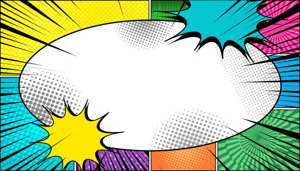 Comic page light concept Comic page light concept with blank big white speech bubble colorful clouds explosive black rays and humor effects. Vector illustration colorful page borders stock illustrations