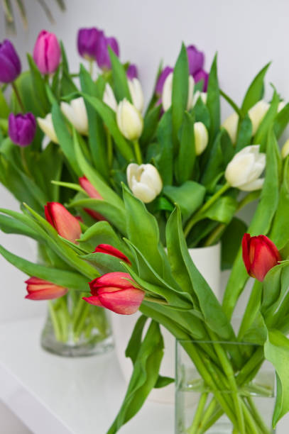 istock Fresh tulips on a white shelf home decoration 1134934638