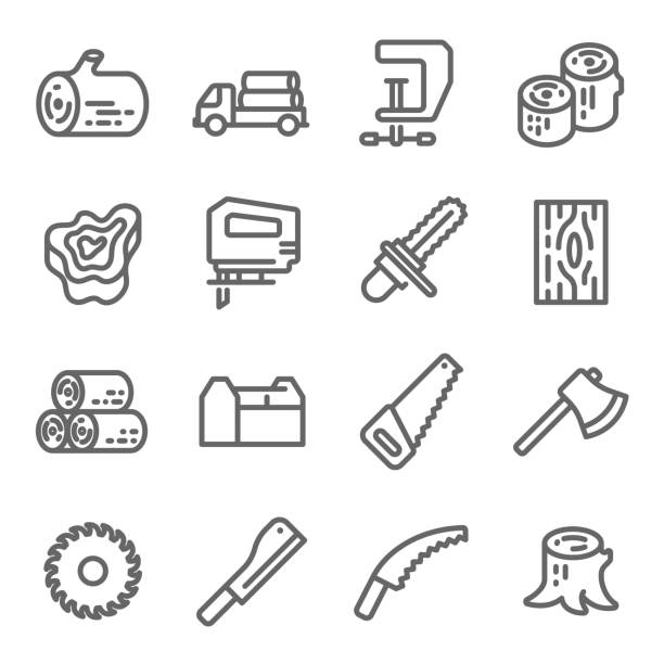 illustrazioni stock, clip art, cartoni animati e icone di tendenza di set di icone in legno. contiene icone come motosega, registro, ascia e altro ancora. tratto espanso - wood axe