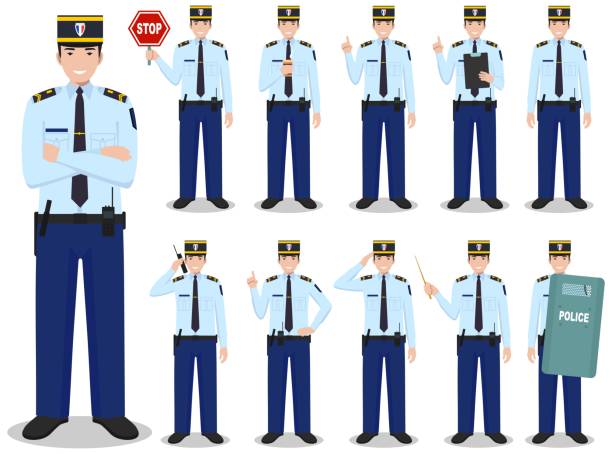 illustrazioni stock, clip art, cartoni animati e icone di tendenza di concetto di poliziotti. illustrazione dettagliata del poliziotto francese in uniforme tradizionale in piedi in diverse pose in stile piatto isolato su sfondo bianco. personaggi di persone di design piatto. illustrazione vettoriale. - weapon shield european culture security