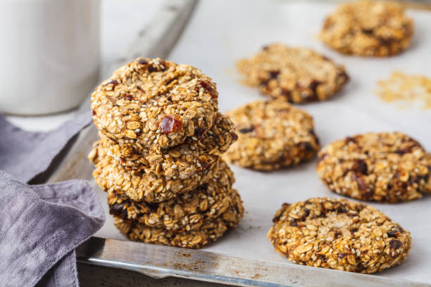 istock Stack of oatmeal cookies with dates. Healthy dessert concept. 1134939447