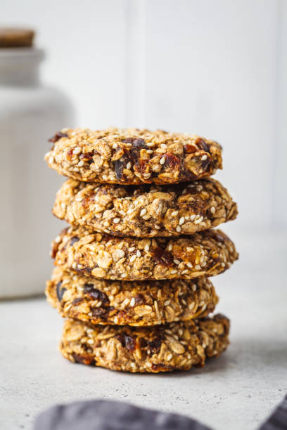 istock Stack of oatmeal cookies with dates. Healthy dessert concept. 1134939476