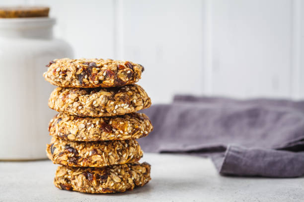 istock Stack of oatmeal cookies with dates. Healthy dessert concept. 1134939495
