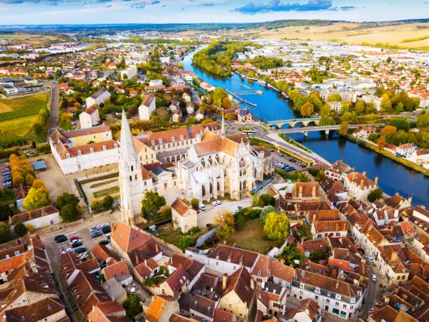 Image of aerial view of famous old town Auxerre  with river  in  France