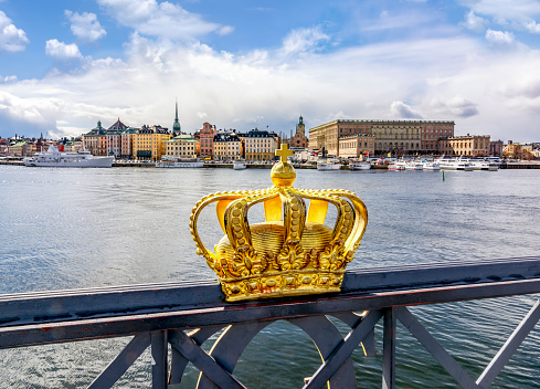 Stockholm old town cityscape and Royal crown, Sweden