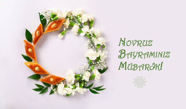 Novruz wreath made of traditional Azerbaijan pastry pakhlava, beautiful white for spring equinox celebration on light lilac background, flat lay top view copy space for text for nowruz. Translation: corona de novruz hecha de pakhlava tradicional de los pasteles de azerbaiyán, blanco hermoso para la celebración del equinoccio del resorte en fondo lila claro, plano de la parte superior del lugar de la copia de la visión para el texto para nowruz