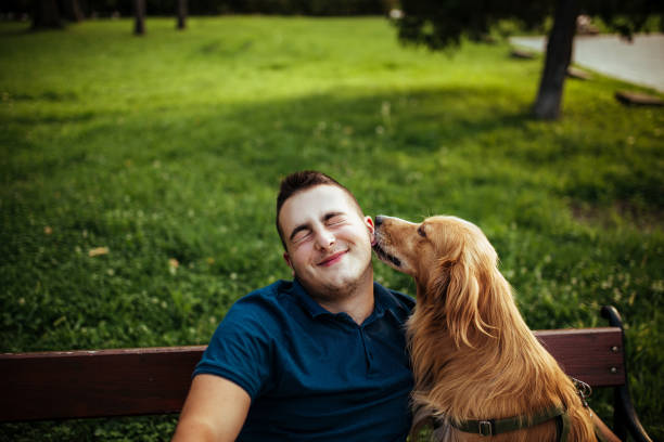 istock Man with his dog- public park. 1134946007
