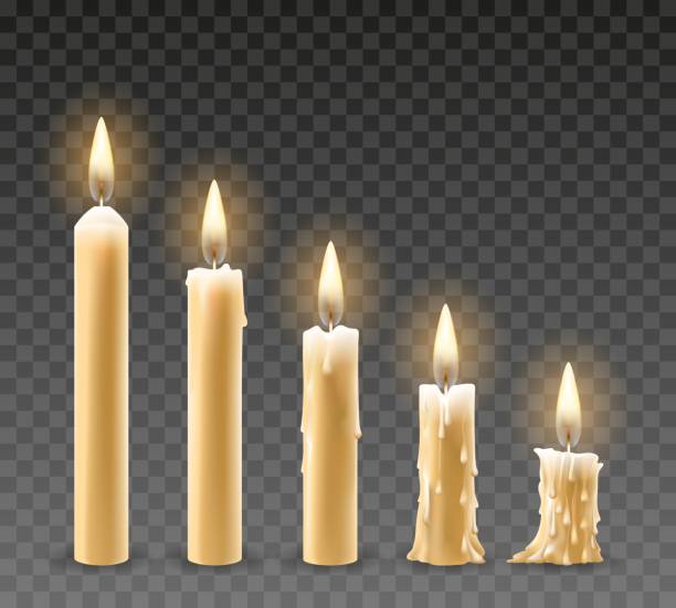 Burning candles set Burning candles. Burn isolated candle objects, flicker church candles at different stages of burning vector illustration candle wax stock illustrations