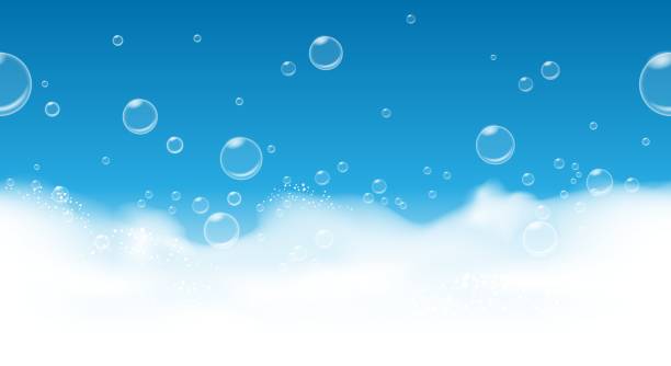 Soap bubbles background Soap bubbles background. Fresh suds blue horizontal seamless pattern, foam hygiene soapy backgdrop, vector illustration froth decoration stock illustrations