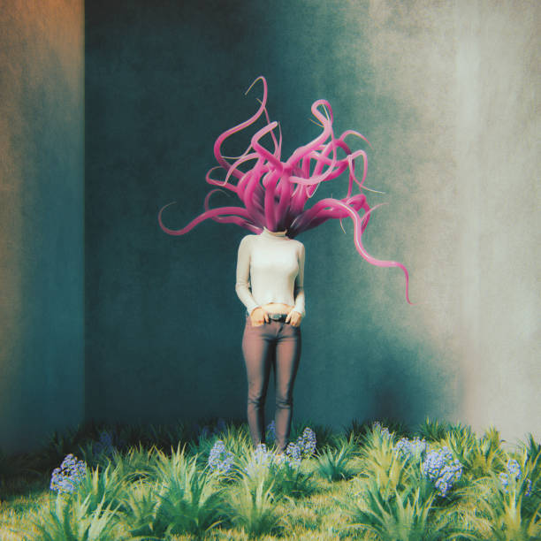 Surreal woman standing in concrete cube. This is entirely 3D generated image.