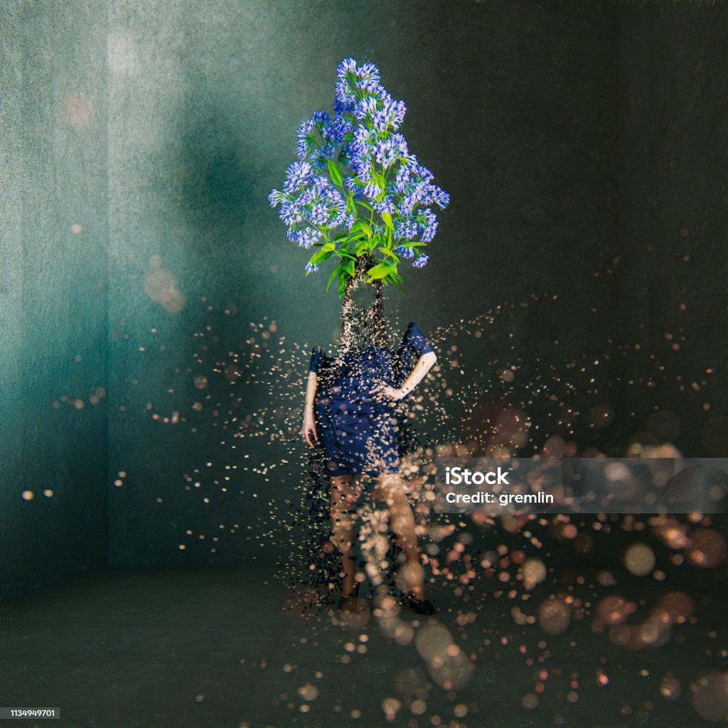 Exploding Pose Surreal Exploding Woman Standing In Concrete Cube Stock Photo ...