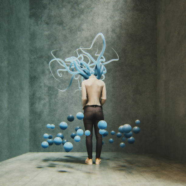 istock Surreal woman standing in concrete cube 1134949872