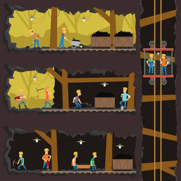Vector illustration of men extract coal in the mine.
