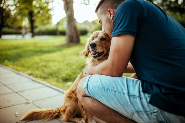 istock Man with his dog- public park. 1134950669