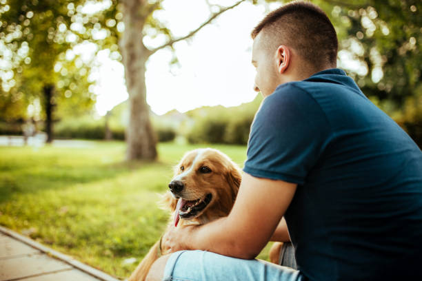 istock Man with his dog- public park. 1134950839