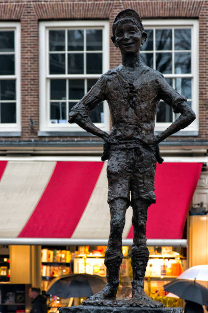 Amsterdam, Netherlands-December 2018: Het Lieverdje bronze statue of a little boy.
