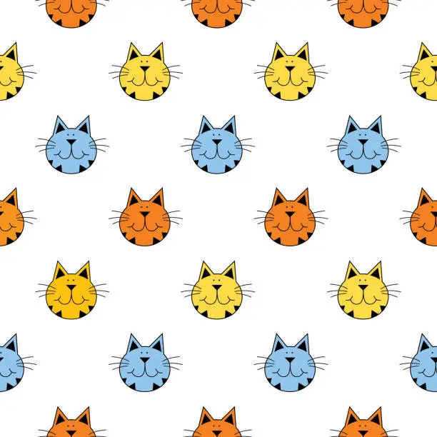 Vector illustration of Cute Tabby Cat Faces Seamless Pattern