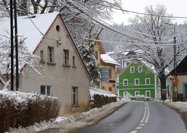 Listopad street in winter, Swieradow Zdroj resort,  northern slope of Jizera Mountains, Poland