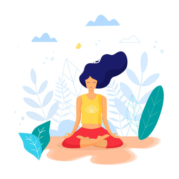 ilustraciones, imágenes clip art, dibujos animados e iconos de stock de mujer sentada en posición de loto practicando meditación. chica de yoga - meditation