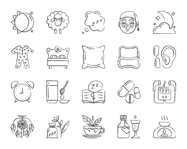 Insomnia charcoal draw line icons vector set Insomnia charcoal icon set. Grunge outline sign kit of sleep. Dream linear icons sleepwear, bed rest, bedtime pillow. Hand drawn by pastel crayon simple insomnia symbol on white. Vector Illustration milk tea logo stock illustrations