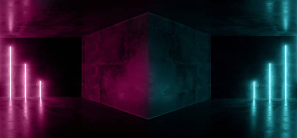 istock Sci Fi Neon Background Cyberpunk Futuristic Luminous  Psychedelic Triangle Shaped Purple Pink Blue Ultraviolet Club Dance Stage Lights Grunge Concrete Dark 3D Rendering 1134960036