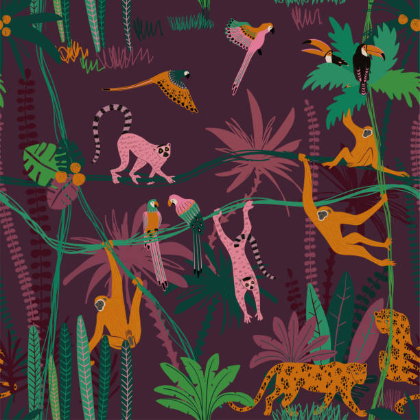 Jungle Wildlife Animals Seamless Pattern. Colorful wildlife animals print. Seamless pattern with monkey, leopard, lemur, toucan and parrot in wild jungle forest. pics for toucan flying stock illustrations