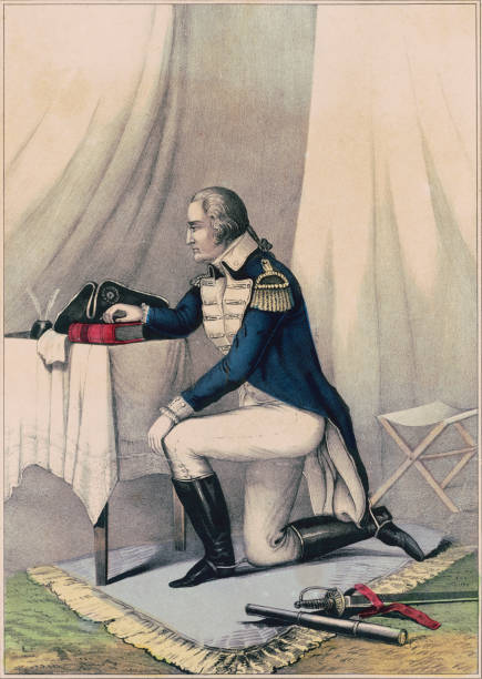 George Washington Praying Vintage illustration of George Washington kneeling to pray. drawing of a man kneeling in prayer stock illustrations