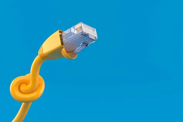 Network cable with knot isolated on blue background. 3d illustration