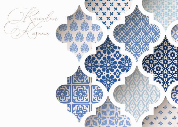 ilustrações de stock, clip art, desenhos animados e ícones de close-up of blue ornamental arabic tiles, patterns through white mosque window. greeting card, invitation for muslim holiday ramadan kareem. vector illustration bacground, web banner, modern design. - moroccan culture