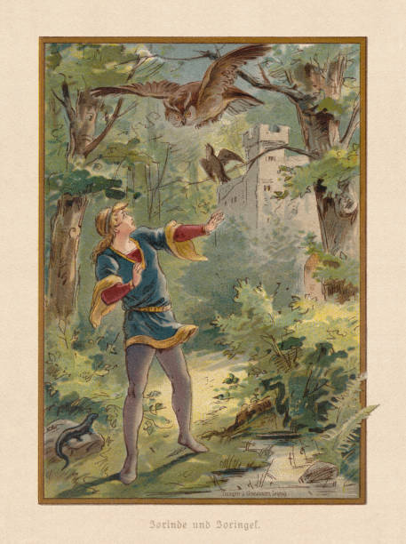 Jorinde and Joringel, by the Brothers Grimm, chromolithograph, published 1898 Jorinde and Joringel. A German fairy tale, written down by Jacob and Wilhelm Grimm. Chromolithograph after a drawing by Thekla Brauer, published in 1898. brothers grimm stock illustrations