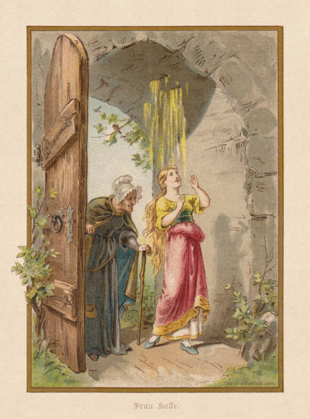 Mother Hulda (Frau Holle), by Brothers Grimm, chromolithograph, published 1898 Mother Hulda (German: Frau Holle). A German fairy tale, written down by Jacob and Wilhelm Grimm. Chromolithograph after a drawing by Thekla Brauer, published in 1898. brothers grimm stock illustrations