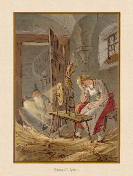 Rumpelstiltskin (German: Rumpelstilzchen), by the Brothers Grimm, chromolithograph, published 1898 Rumpelstiltskin (German: Rumpelstilzchen) helps the miller's daughter spin straw into gold. A German fairy tale, written down by Jacob and Wilhelm Grimm. Chromolithograph after a drawing by Thekla Brauer, published in 1898. brothers grimm stock illustrations