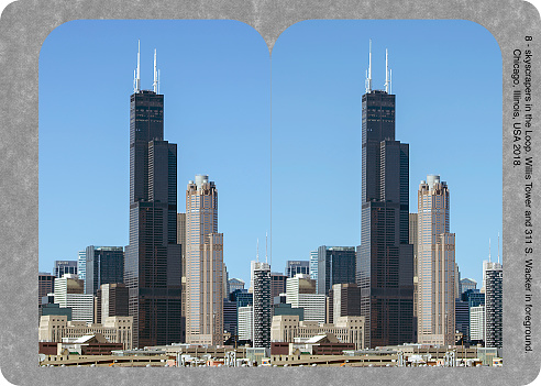 Skyscrapers in the Loop, Chicago, Illinois, USA. Willis Tower (Sears Tower) and 311 South Wacker in foreground. 2018. Original 7 inch x 5 inch at 360 dpi.