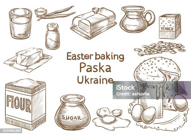 Easter Baking Paska Ukraine Vector Sketch Stock Illustration - Download Image Now - Butter, Flour, Baking