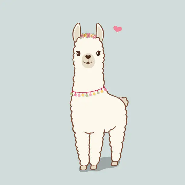 Vector illustration of Cute illustration of Llama wearing flower wreath and necklace