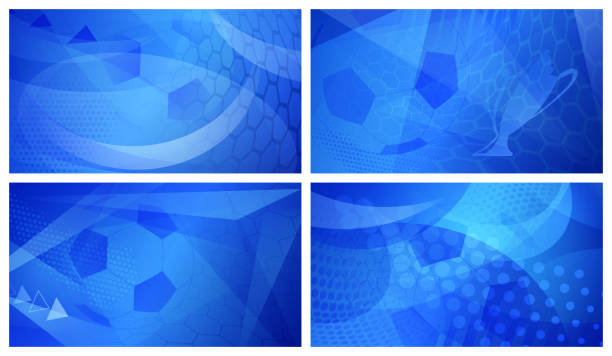 Soccer backgrounds in blue colors Set of four football or soccer abstract backgrounds with big ball in blue colors match sport stock illustrations