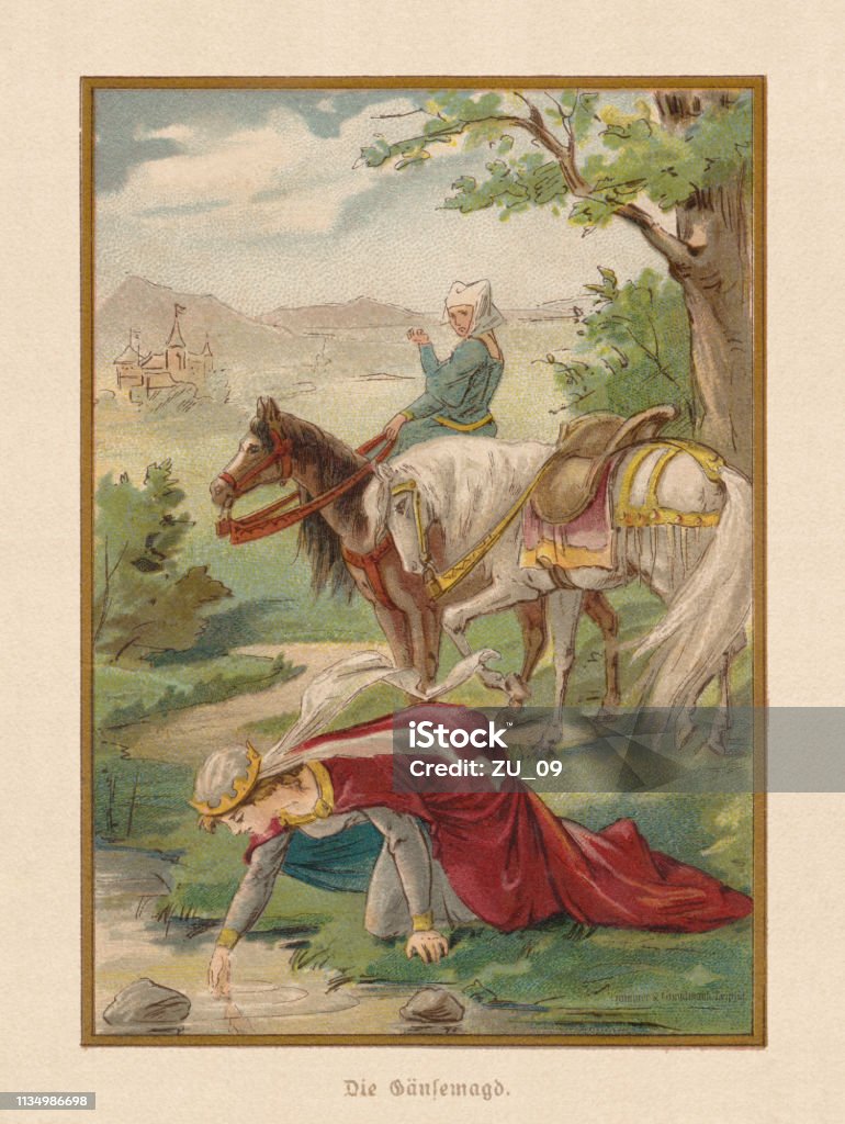 The Goose Girl (Die Gänsemagd), by Brothers Grimm, chromolithograph, 1898 The Goose Girl (German: Die Gänsemagd). The disobedient maid refuses the princess's service. European fairy tale, first translated into English by Edgar Taylor, written down by Jacob and Wilhelm Grimm. Chromolithograph after a drawing by Thekla Brauer, published in 1898. Drinking stock illustration