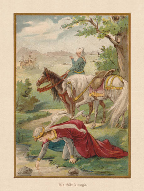 The Goose Girl (Die Gänsemagd), by Brothers Grimm, chromolithograph, 1898 The Goose Girl (German: Die Gänsemagd). The disobedient maid refuses the princess's service. European fairy tale, first translated into English by Edgar Taylor, written down by Jacob and Wilhelm Grimm. Chromolithograph after a drawing by Thekla Brauer, published in 1898. brothers grimm stock illustrations