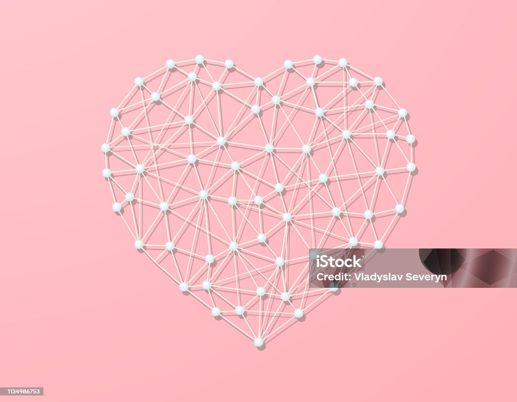 Heart twist with thread with pearl beads, symbol of love, connection abstract illustration, bright delicate pastel colors, light pink background Abstract stock vector