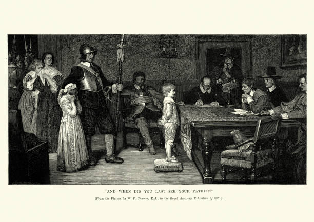 English Civil War, when did you last see your father Vintage engraving of English Civil War, and when did you last see your father ?.  Questioning children on the whereabouts of their father interview event patterns stock illustrations